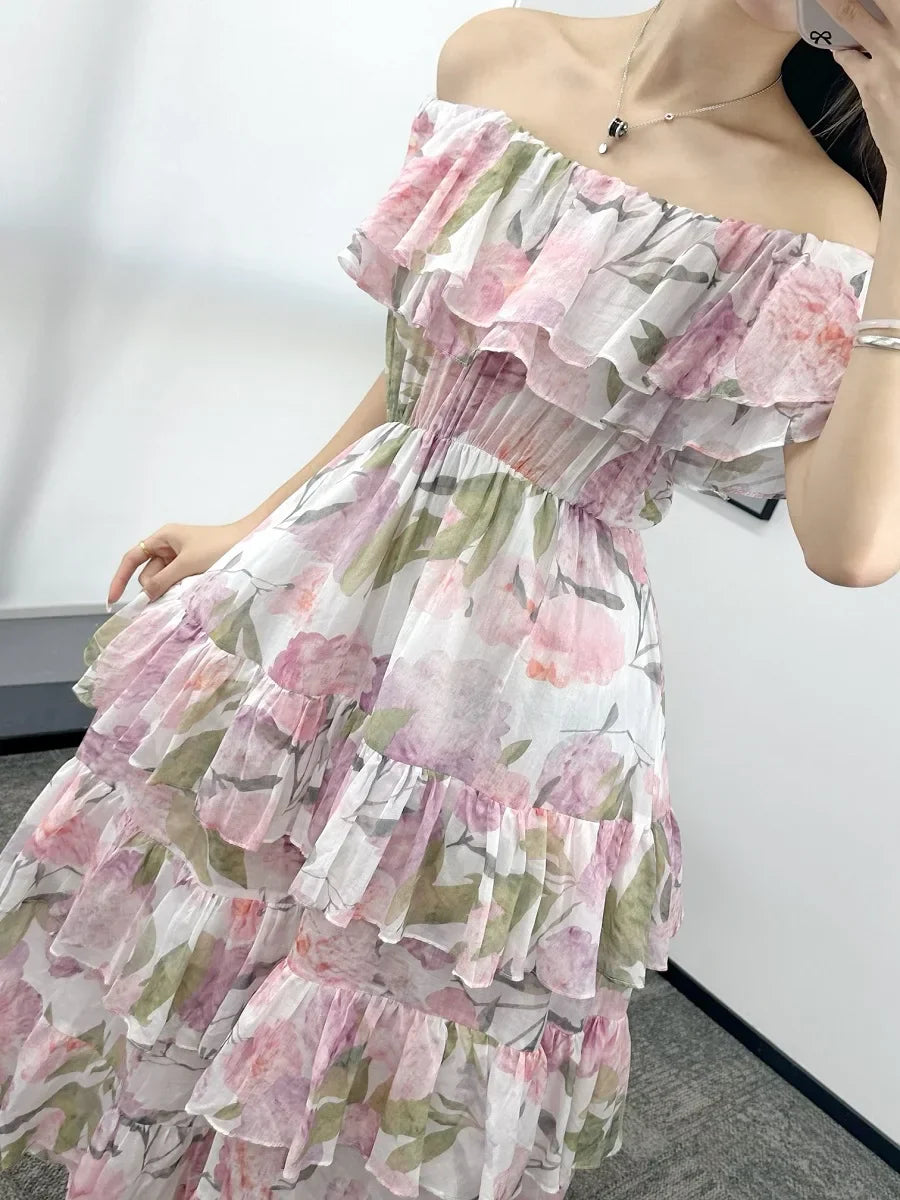 Bloemenjurk Zomerse Chiffon Ruches Jurk voor Vrouw