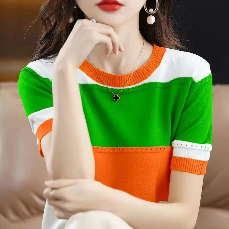 Zijden T-Shirt Korte Mouwen Zomerse IJsblauwe Kleur