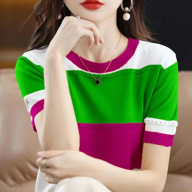 Zijden T-Shirt Korte Mouwen Zomerse IJsblauwe Kleur