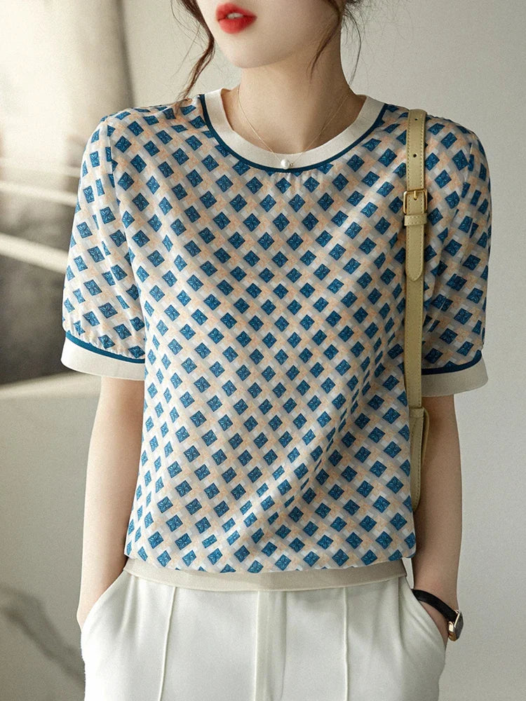 Vrouwelijke Zijde T-Shirt met Zomerse Ruitjes Print
