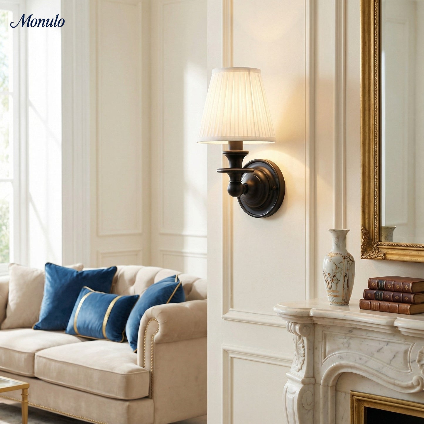 Wandlamp met stoffen kap en zwanenhalsarm – smeedijzeren armatuur met verstelbare leeslamp