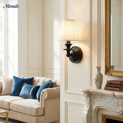 Wandlamp met stoffen kap en zwanenhalsarm – smeedijzeren armatuur met verstelbare leeslamp