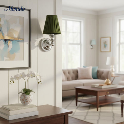 Wandlamp met stoffen kap en zwanenhalsarm – smeedijzeren armatuur met verstelbare leeslamp