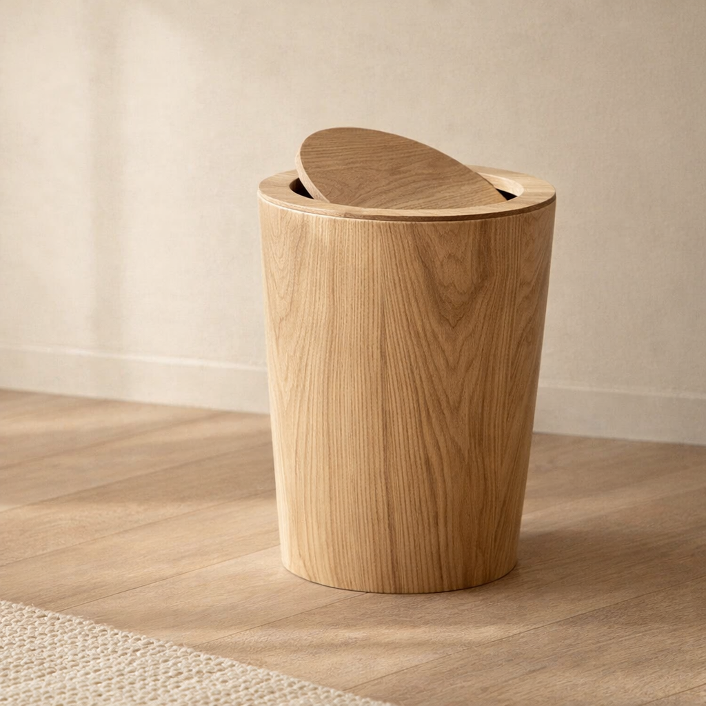 Houten Prullenbak Woonkamer Draaibaar Deksel Dubbelwandig Keuken Badkamer Kantoor Vuilnisbak Houtlook Afvalbak Bureau