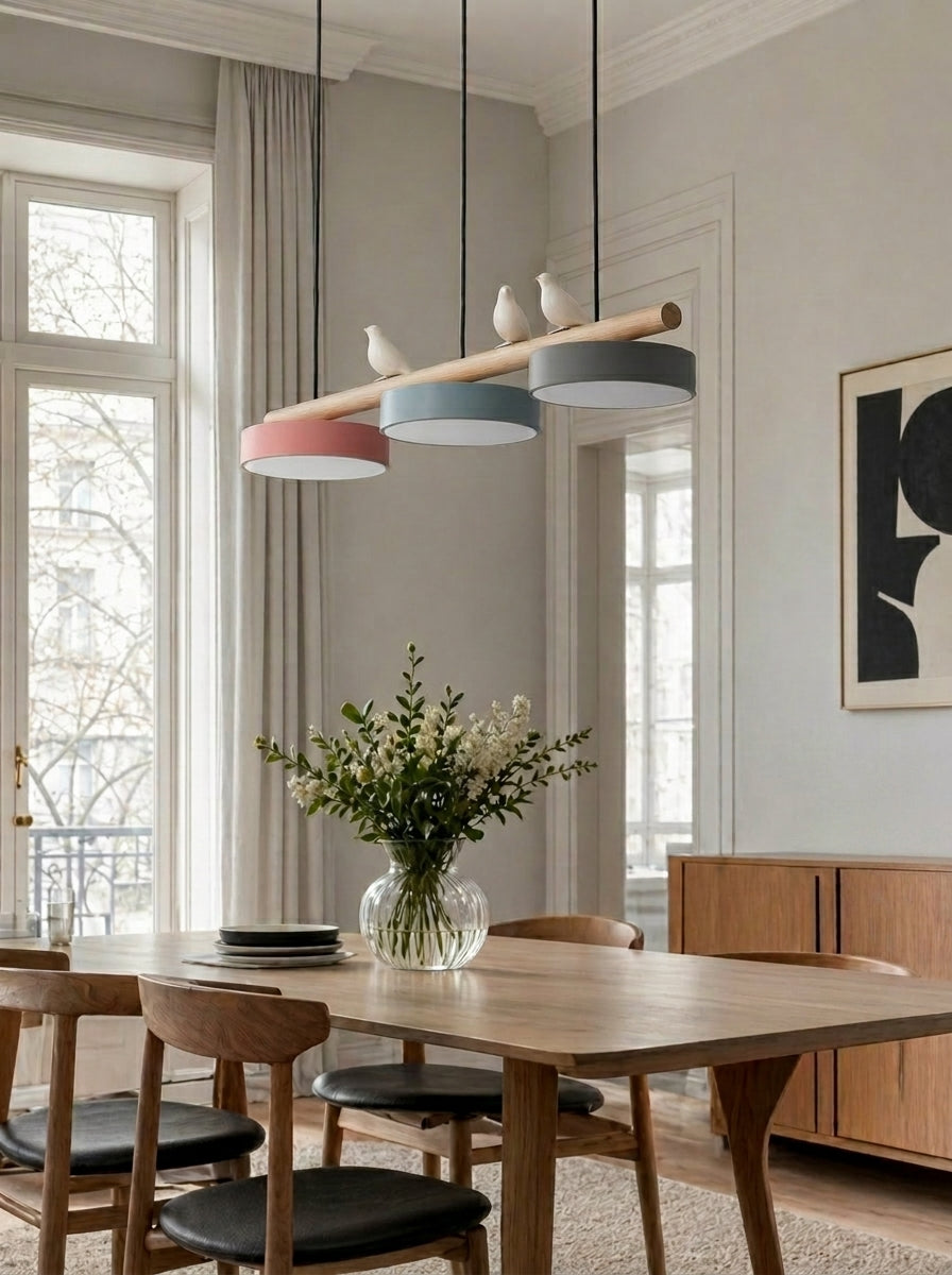 Hanglamp Hout Design Vogelvorm Drie Kappen Scandinavisch Keukeneiland