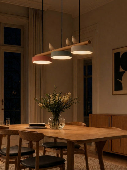 Hanglamp Hout Design Vogelvorm Drie Kappen Scandinavisch Keukeneiland