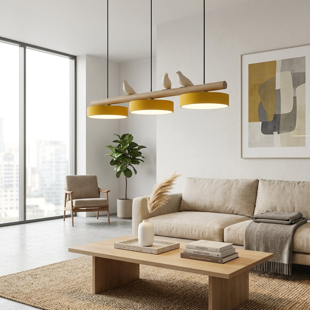 Hanglamp Hout Design Vogelvorm Drie Kappen Scandinavisch Keukeneiland