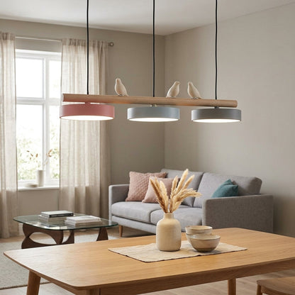 Hanglamp Hout Design Vogelvorm Drie Kappen Scandinavisch Keukeneiland