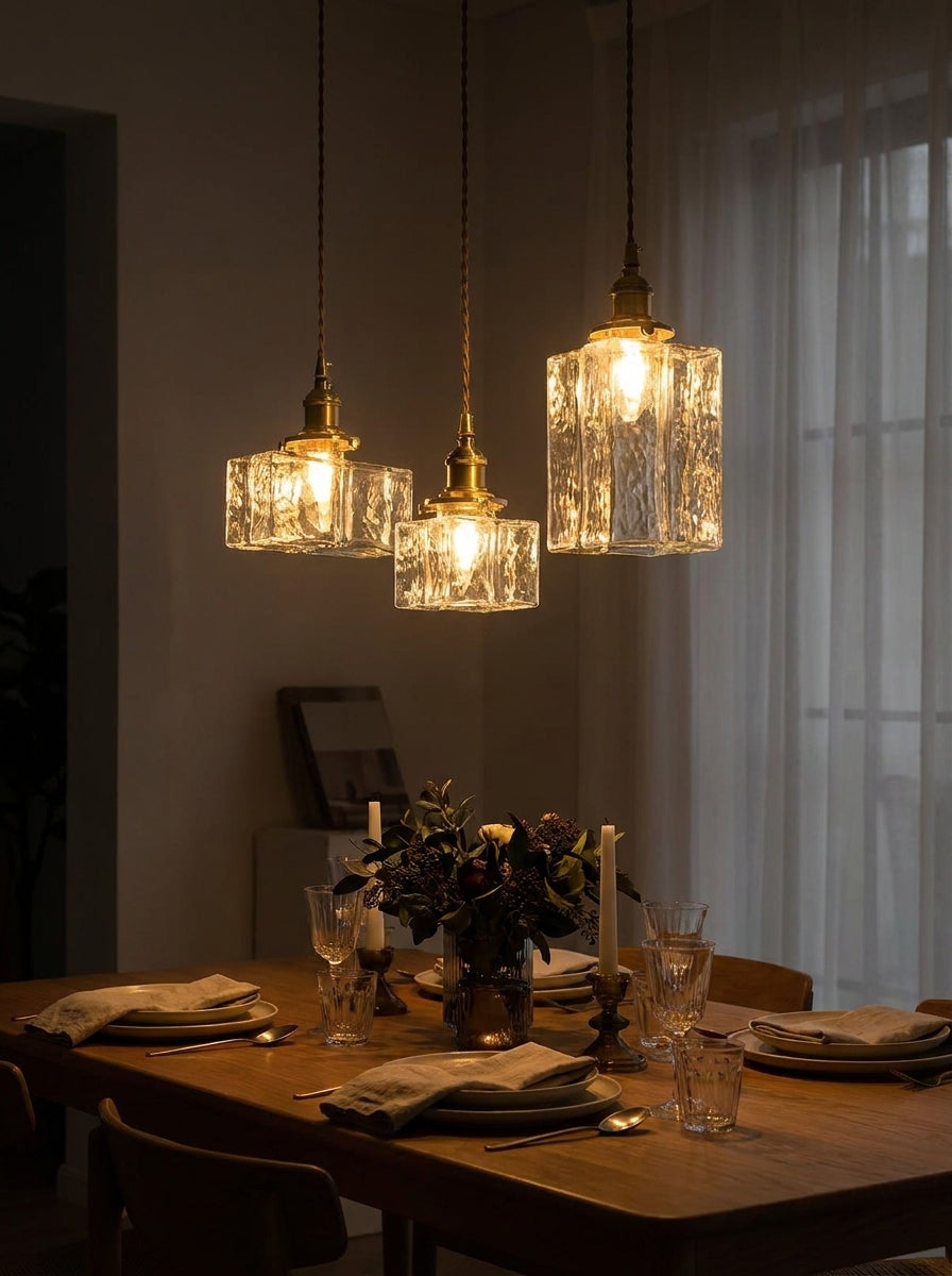 Vintage Hanglamp met Gegolfd Glas & IJzeren Armatuur – Vierkant/Rechthoekig – Scandinavisch Design voor Woonkamer