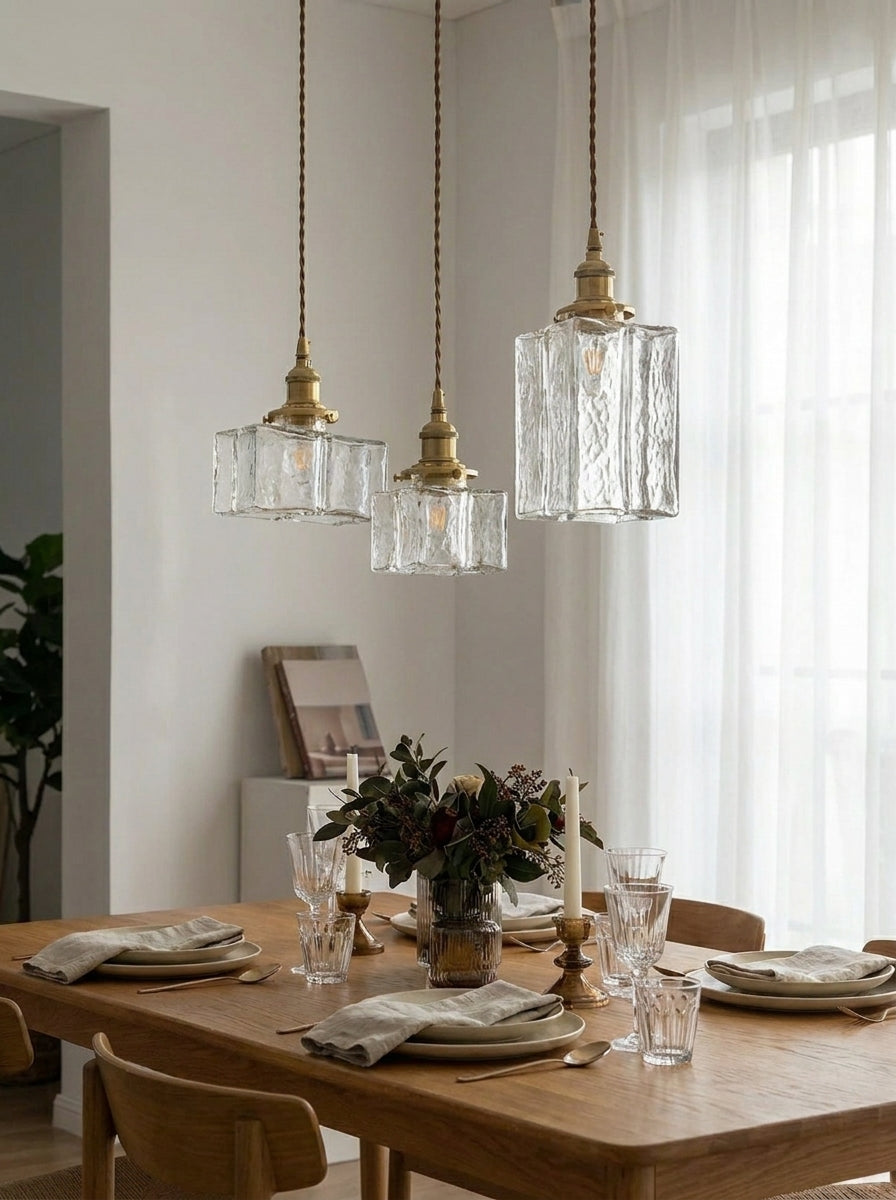 Vintage Hanglamp met Gegolfd Glas & IJzeren Armatuur – Vierkant/Rechthoekig – Scandinavisch Design voor Woonkamer