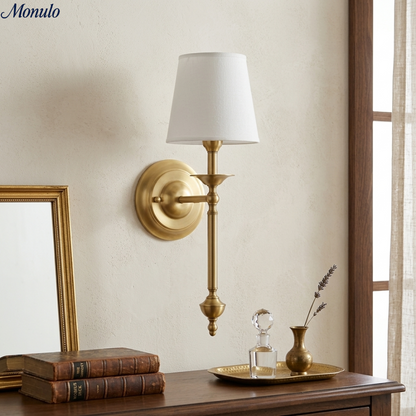 Stoffen Wandlamp met Vintage Koperen Afwerking – Sfeervolle Verlichting voor Hal, Slaapkamer en Woonkamer