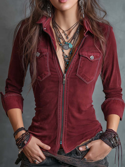 Klassieke Jeans Shirt met Flapzakken en Rits Sluiting - StudioMarella
