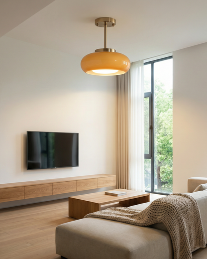 Moderne Plafondlamp Met Gouden Frame En Glazen Kap In Amber Of Wit 3000K Warm Licht