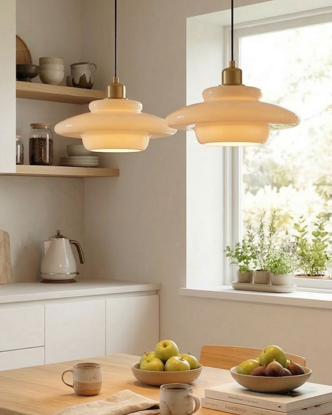 TINA Hanglamp – Mid-Century Melkwit Glas met Geborsteld Messing | Moderne Eetkamer & Keukenverlichting | Verstelbaar | E27 Fitting