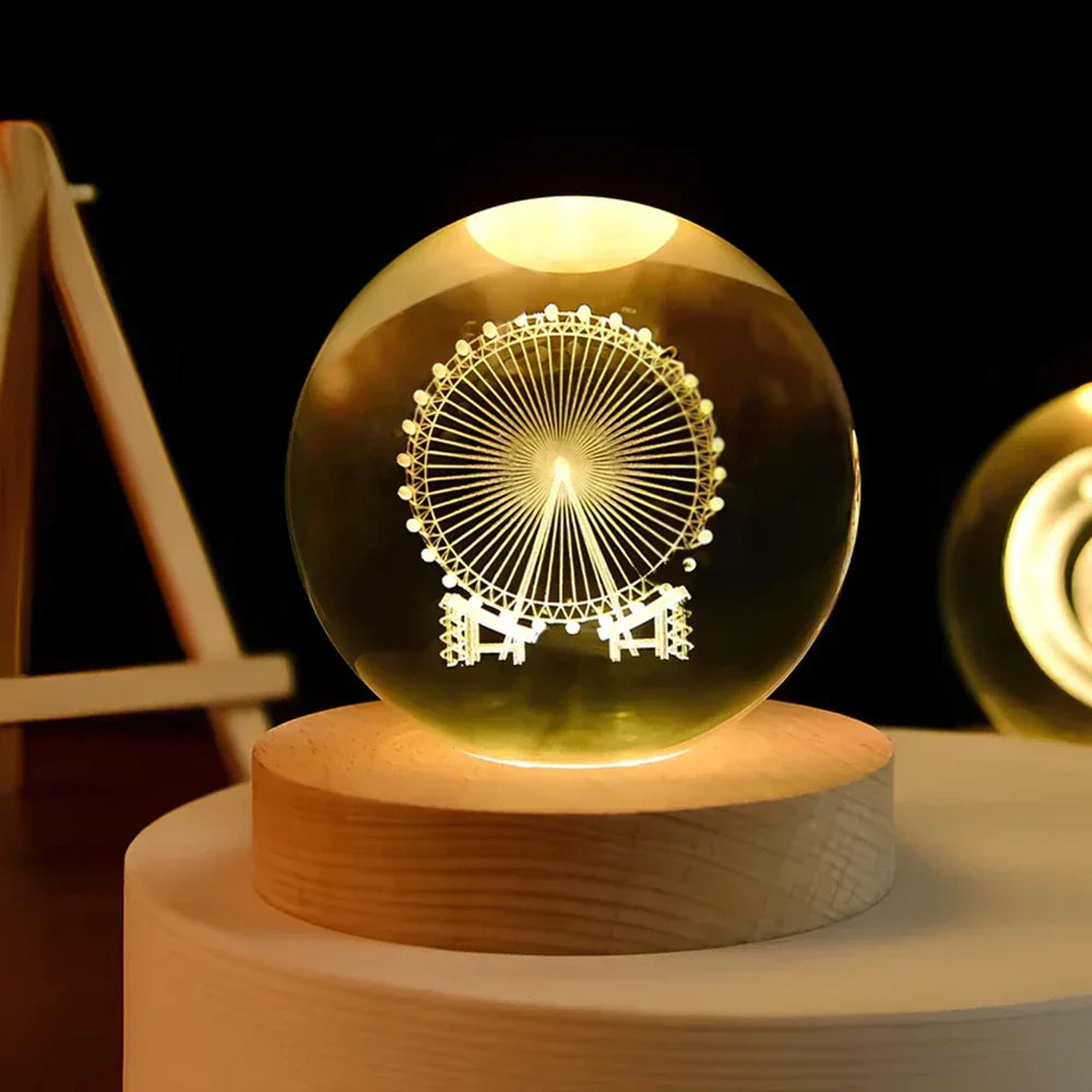 Glazen Nachtlampje met 3D Lasergravure en LED Verlichting op Houten Voet – Sfeerverlichting voor Slaapkamer en Woonkamer