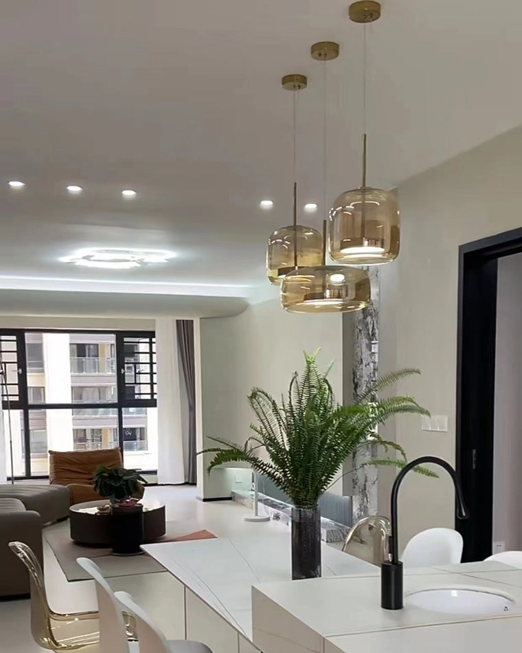 Hanglamp Geblazen Glas Amber Goud Rond Verstelbaar Eettafel Woonkamer Modern