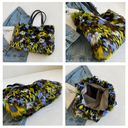 Dames Schoudertas Bloemenprint Pluche Tote Tas