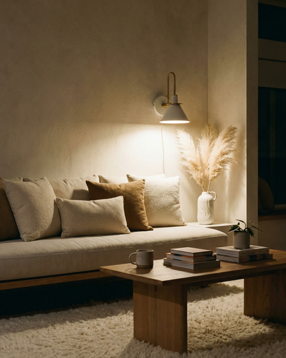 Moderne wandlamp van travertin en hout met warm wit licht – minimalistische design muurlamp voor woonkamer en slaapkamer
