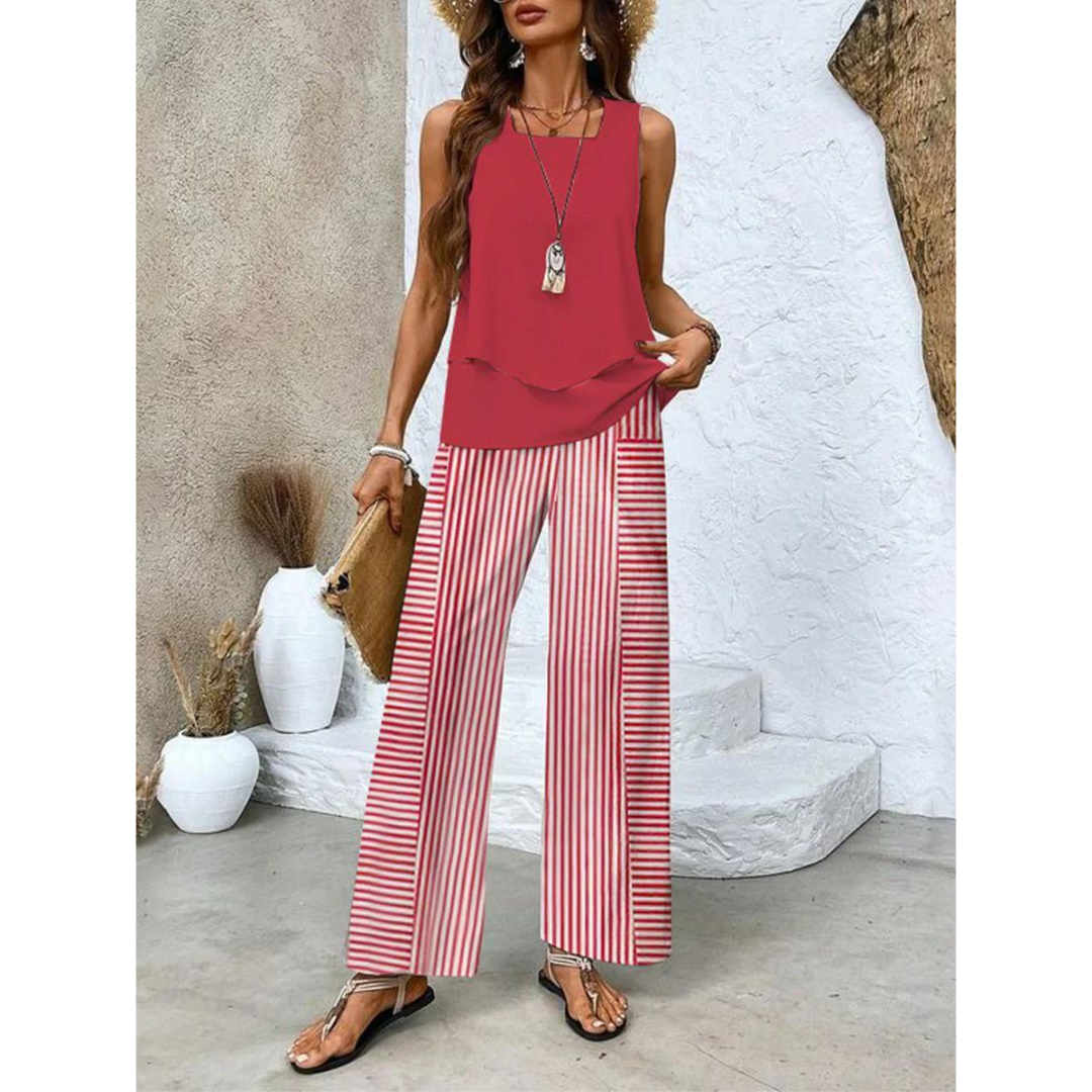 Vrouwelijke Co-ord Set Gelaagde Top en Wijde Broek