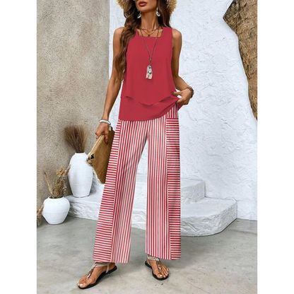 Vrouwelijke Co-ord Set Gelaagde Top en Wijde Broek