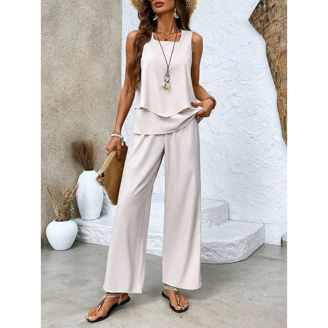Vrouwelijke Co-ord Set Gelaagde Top en Wijde Broek