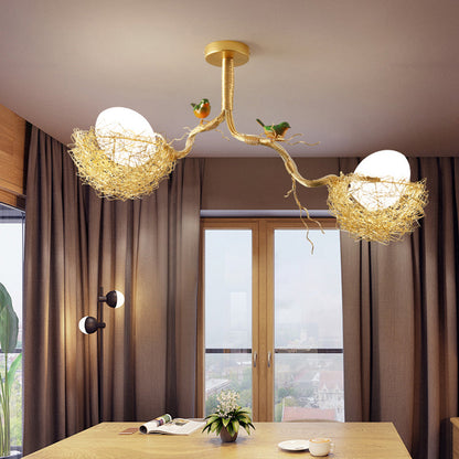 Gouden Hanglamp met Melkwit Glazen Bol en Vogelnest – Decoratieve Kroonluchter 1-3 Lichtpunten Sierverlichting Eetkamer Woonkamer