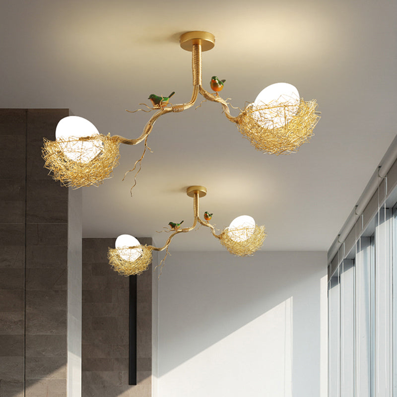 Gouden Hanglamp met Melkwit Glazen Bol en Vogelnest – Decoratieve Kroonluchter 1-3 Lichtpunten Sierverlichting Eetkamer Woonkamer