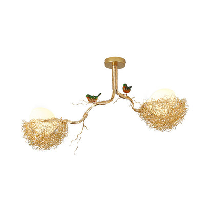 Gouden Hanglamp met Melkwit Glazen Bol en Vogelnest – Decoratieve Kroonluchter 1-3 Lichtpunten Sierverlichting Eetkamer Woonkamer