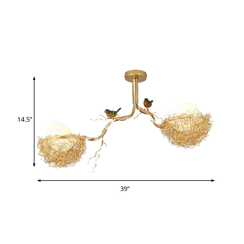 Gouden Hanglamp met Melkwit Glazen Bol en Vogelnest – Decoratieve Kroonluchter 1-3 Lichtpunten Sierverlichting Eetkamer Woonkamer