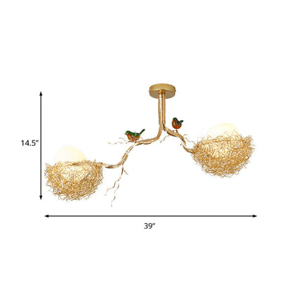 Gouden Hanglamp met Melkwit Glazen Bol en Vogelnest – Decoratieve Kroonluchter 1-3 Lichtpunten Sierverlichting Eetkamer Woonkamer