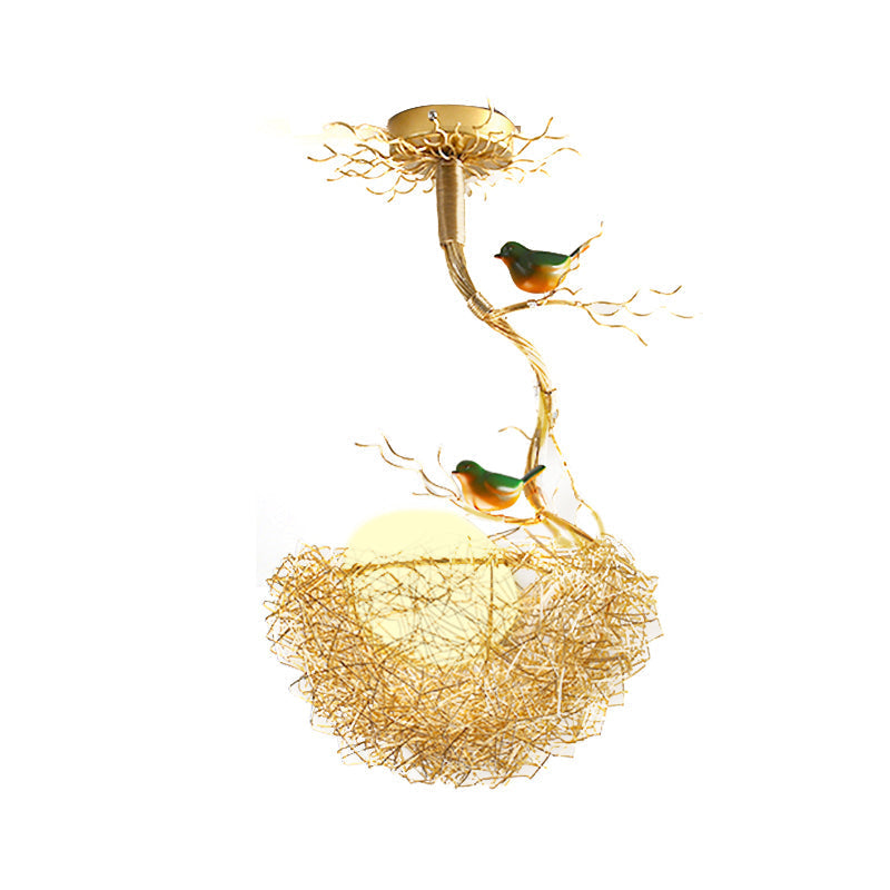 Gouden Hanglamp met Melkwit Glazen Bol en Vogelnest – Decoratieve Kroonluchter 1-3 Lichtpunten Sierverlichting Eetkamer Woonkamer