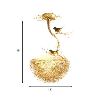 Gouden Hanglamp met Melkwit Glazen Bol en Vogelnest – Decoratieve Kroonluchter 1-3 Lichtpunten Sierverlichting Eetkamer Woonkamer