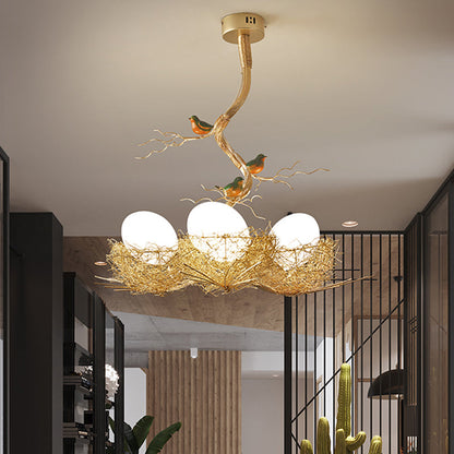 Gouden Hanglamp met Melkwit Glazen Bol en Vogelnest – Decoratieve Kroonluchter 1-3 Lichtpunten Sierverlichting Eetkamer Woonkamer