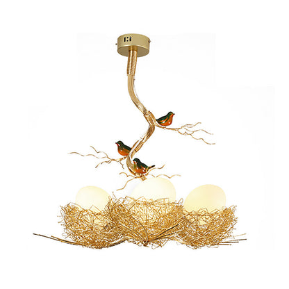 Gouden Hanglamp met Melkwit Glazen Bol en Vogelnest – Decoratieve Kroonluchter 1-3 Lichtpunten Sierverlichting Eetkamer Woonkamer