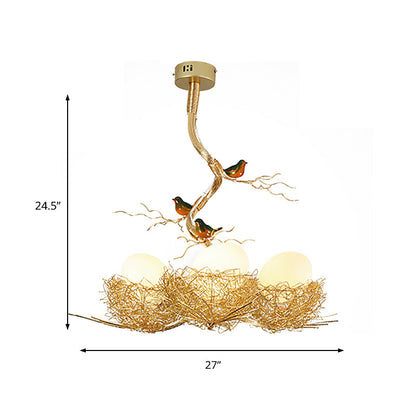 Gouden Hanglamp met Melkwit Glazen Bol en Vogelnest – Decoratieve Kroonluchter 1-3 Lichtpunten Sierverlichting Eetkamer Woonkamer