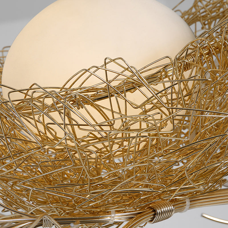 Gouden Hanglamp met Melkwit Glazen Bol en Vogelnest – Decoratieve Kroonluchter 1-3 Lichtpunten Sierverlichting Eetkamer Woonkamer
