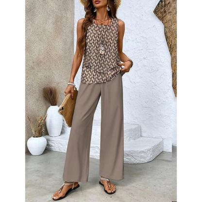 Vrouwelijke Co-ord Set Gelaagde Top en Wijde Broek