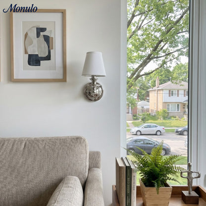 Wandlamp met stoffen kap en zwanenhalsarm – smeedijzeren armatuur met verstelbare leeslamp