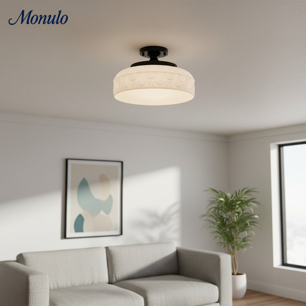Geribbelde Glazen Plafondlamp met Metalen Armatuur – Minimalistische Verlichting voor Slaapkamer en Gang