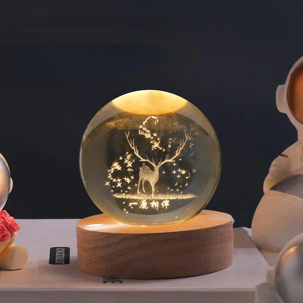 Glazen Nachtlampje met 3D Lasergravure en LED Verlichting op Houten Voet – Sfeerverlichting voor Slaapkamer en Woonkamer