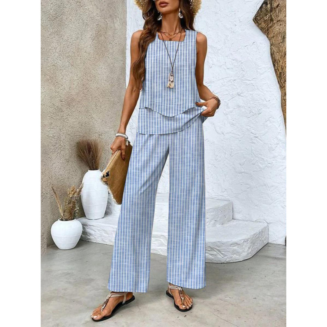 Vrouwelijke Co-ord Set Gelaagde Top en Wijde Broek