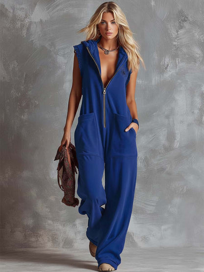 Dames Jumpsuit Sportief Katoen Framboosrood met Capuchon