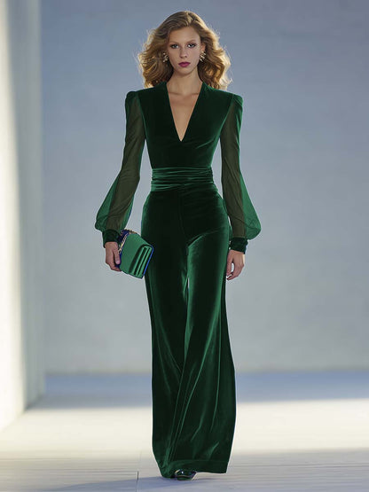 Elegante Lange Mouwen V-hals Fluwelen Jurk Vintage Stijl