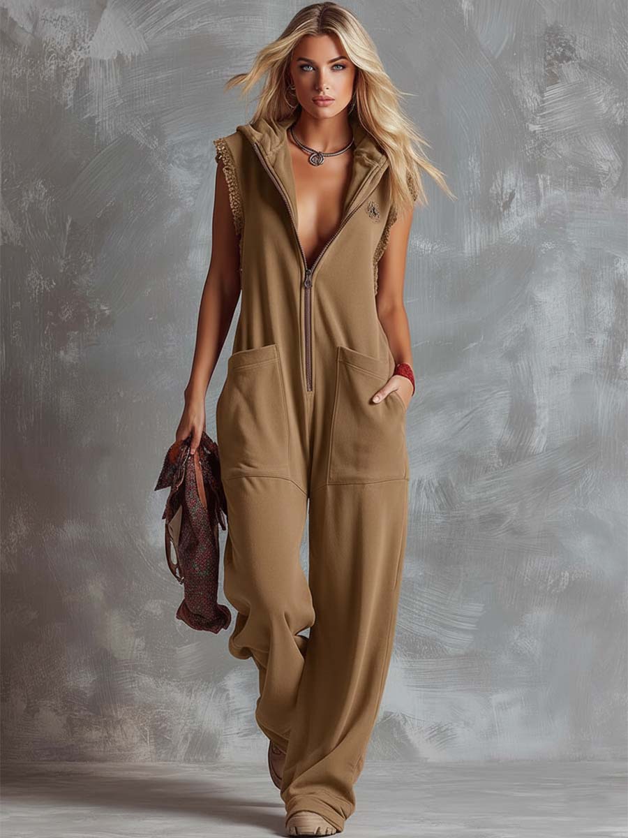 Dames Jumpsuit Sportief Katoen Framboosrood met Capuchon