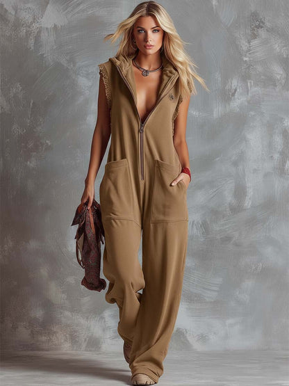 Dames Jumpsuit Sportief Katoen Framboosrood met Capuchon