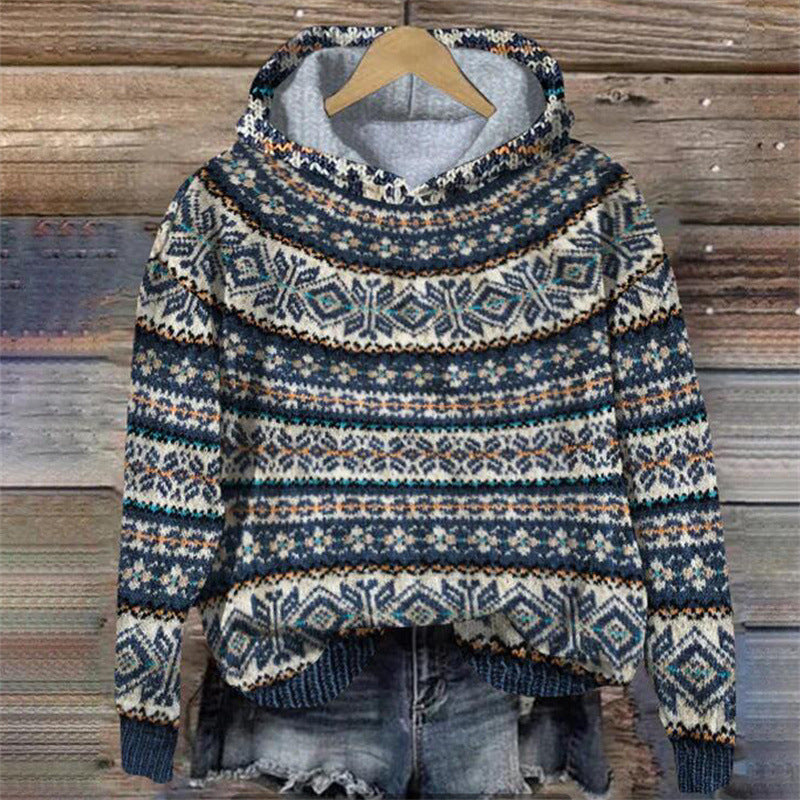 Dames Hoodie met Noors Patroon – Zachte Warme Trui met Capuchon
