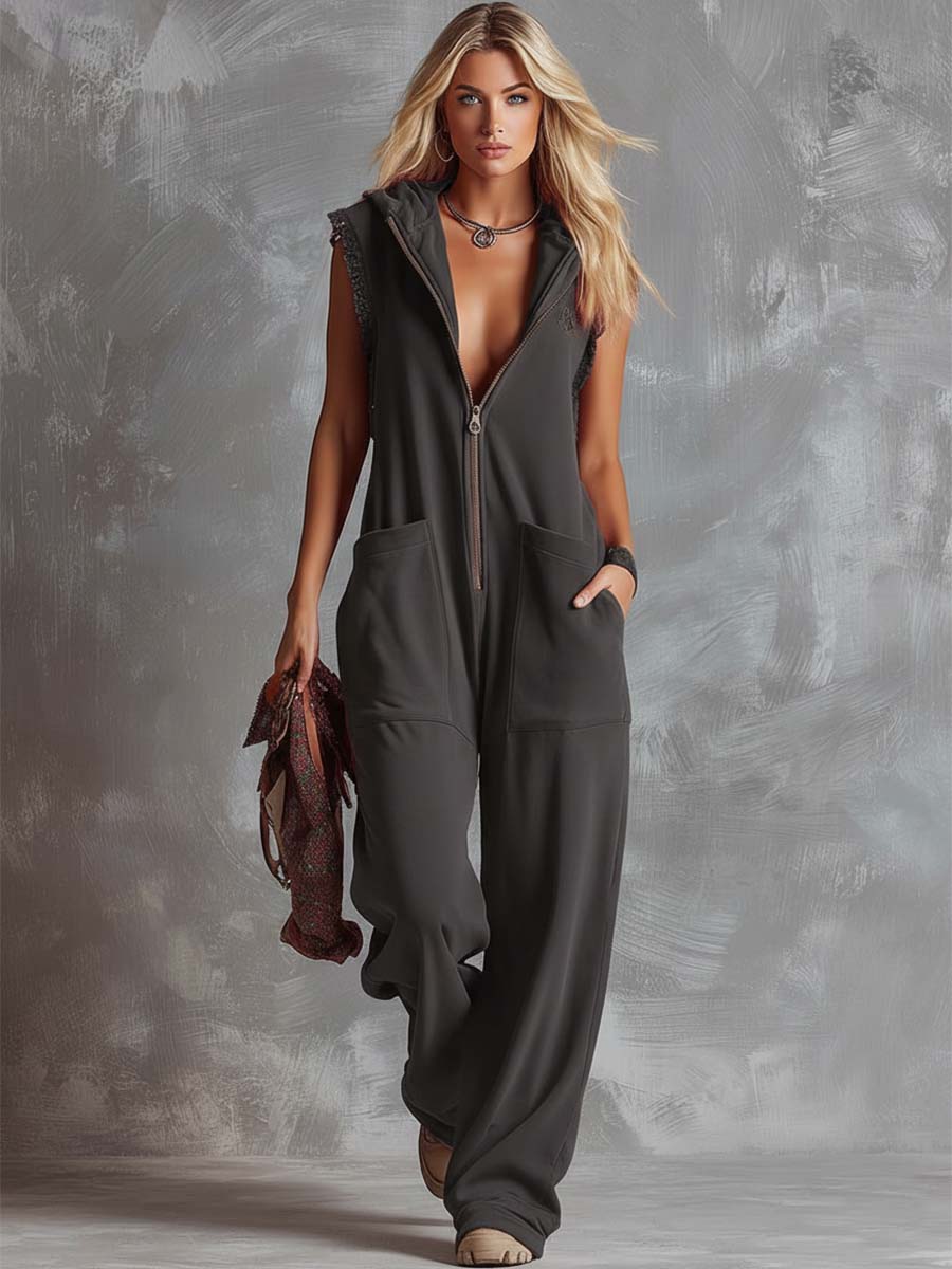 Dames Jumpsuit Sportief Katoen Framboosrood met Capuchon