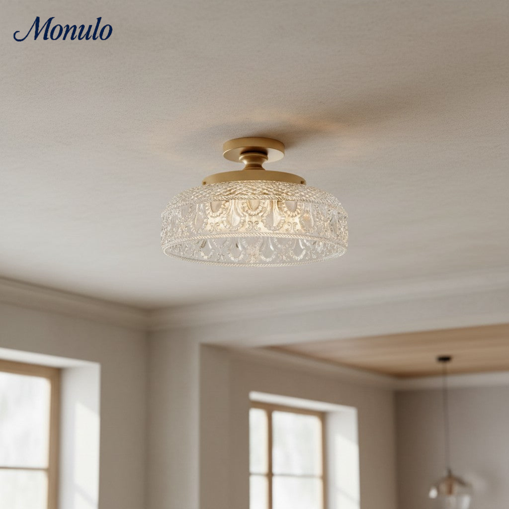 Geribbelde Glazen Plafondlamp met Metalen Armatuur – Minimalistische Verlichting voor Slaapkamer en Gang