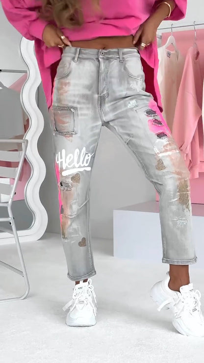 Dames Jeans Trendy Graffiti Print voor Vrouw