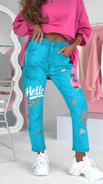 Dames Jeans Trendy Graffiti Print voor Vrouw